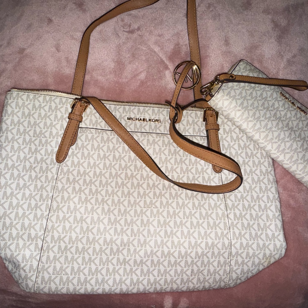 Michael Kors Cream MK Logo Shoulder Bag with Tan Trim